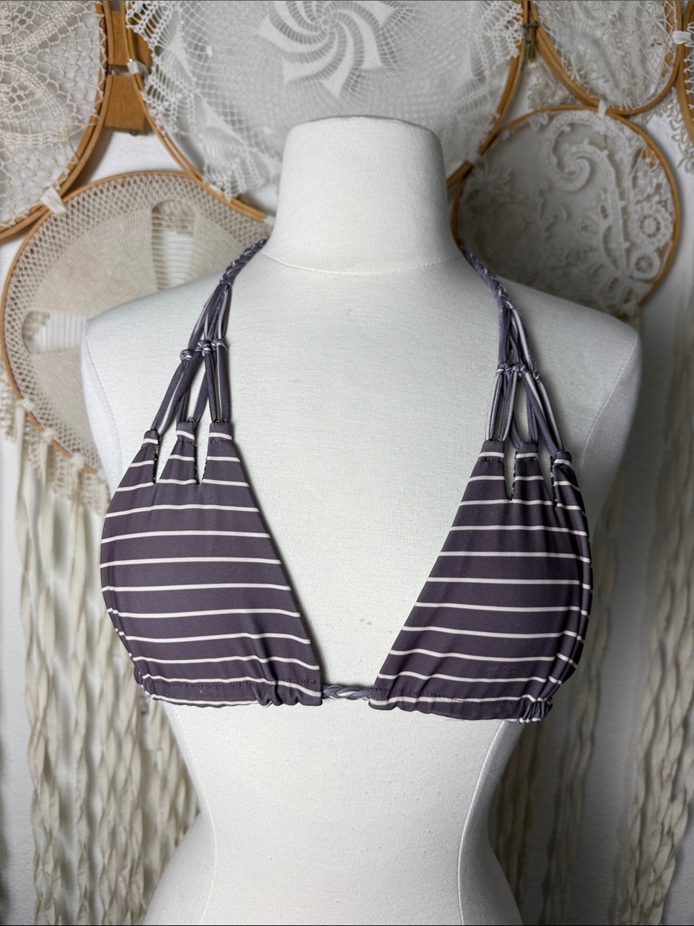 Acacia Swimwear Braided Bikini Top in Mauve Brown Stripe M